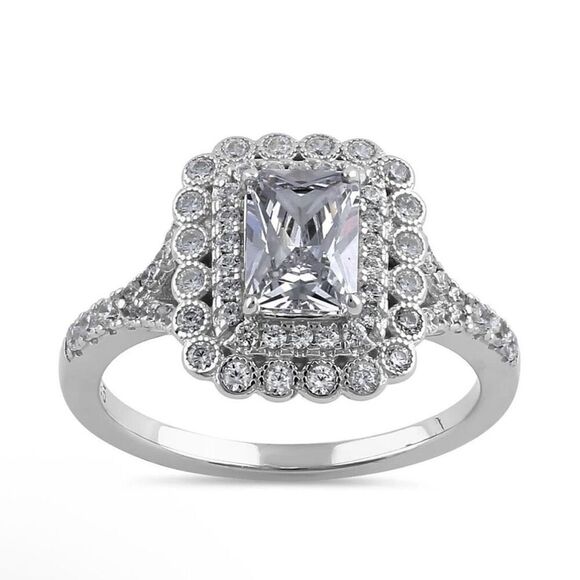 Sterling Silver Chic Emerald Cut Halo Clear CZ Engagement Ring New - Picture 2 of 4